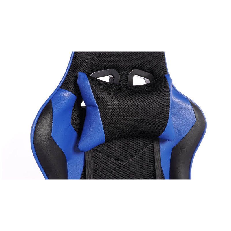DEEPfurniture Ergonomic Leather Gaming Chair with Massage Function, Racing Style Sports Car Design & Retractable Footrest, Black & Blue