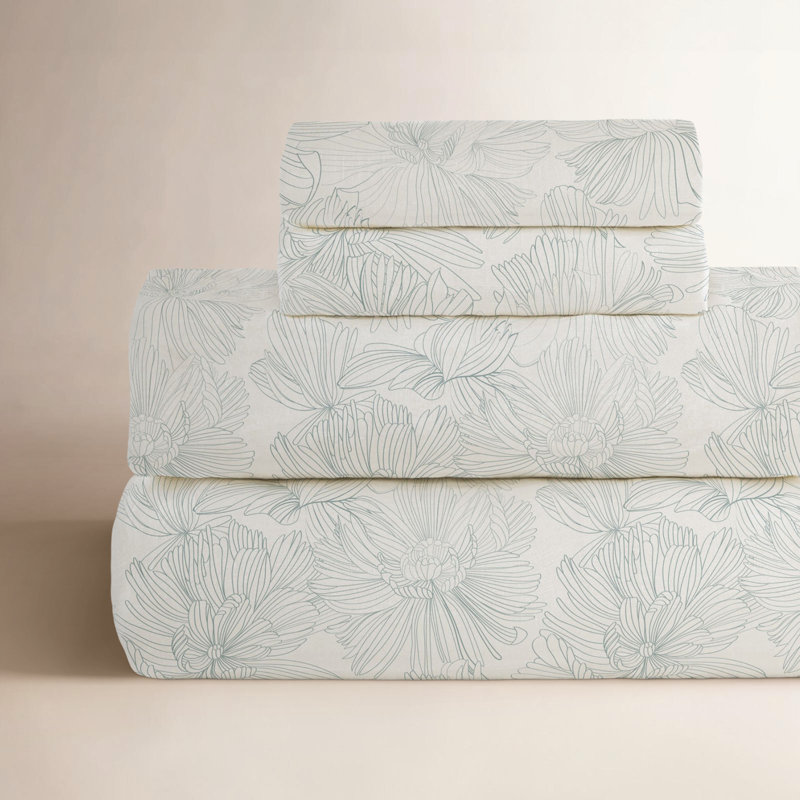 100% French Linen Sheet Set, Twin Sheet Set with 1 Pillowcase, Cream/Wave Floral