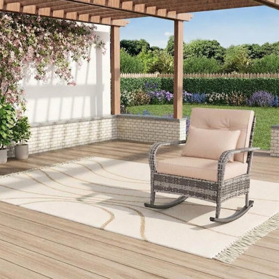 Outdoor Wicker Rocking Chair with Cushions & Pillows, Weather-Resistant Patio Bistro Armchair for Porch, Balcony, Deck & Conservatory