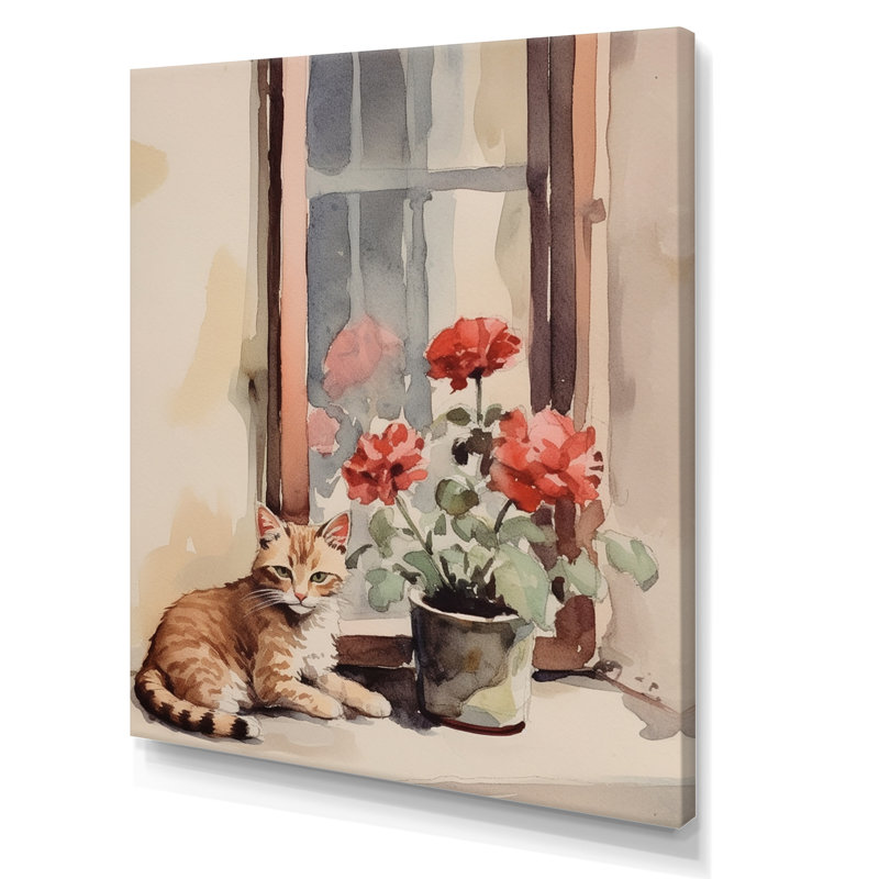 Décoration murale chat orange assis sur une fenêtre, Toile tendue, H 40 po x l 30 po x P 1,5 po