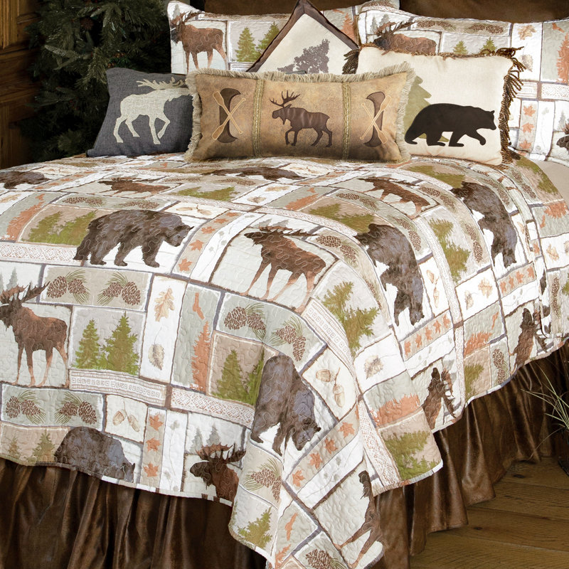 Rustic Brown Microfiber Twin Quilt Set with Wildlife Design