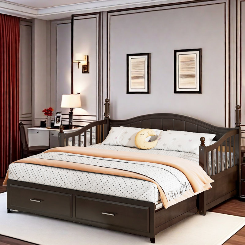 Lit de jour extensible Gerjet Elegant avec deux tiroirs de rangement et un lit gigogne simple, Espresso