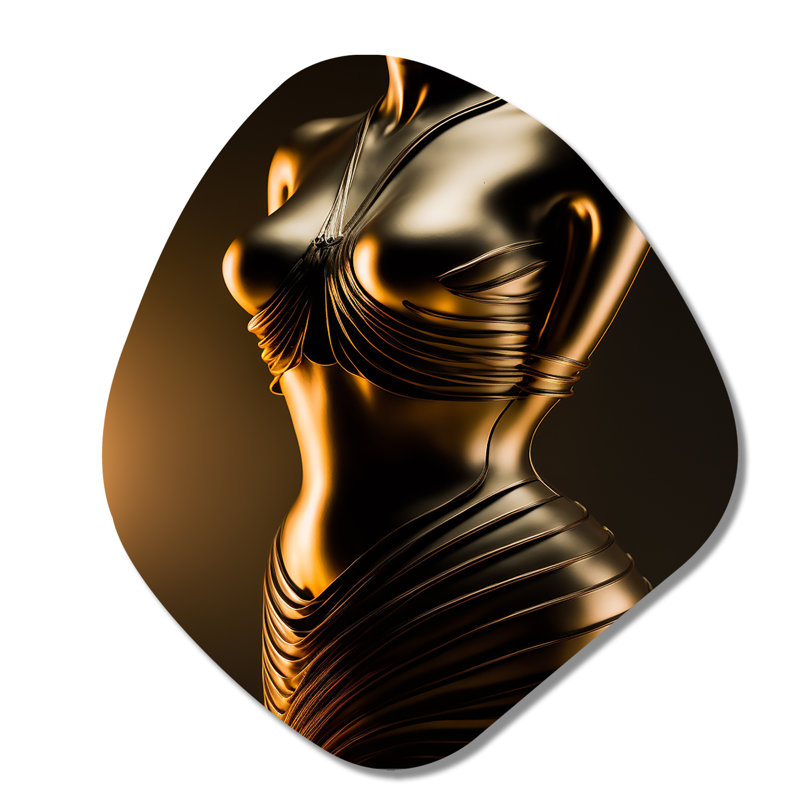 Mannequin élégant de robe dorée I - art mural asymétrique en forme de nébuleuse moderne, H 35 po x l 31 po