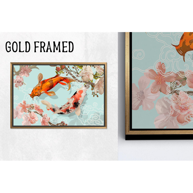 Reproduction d'art sur toile imprimée: Élégant poisson Koi dans un étang tranquille, toiles à cadre doré 1P
