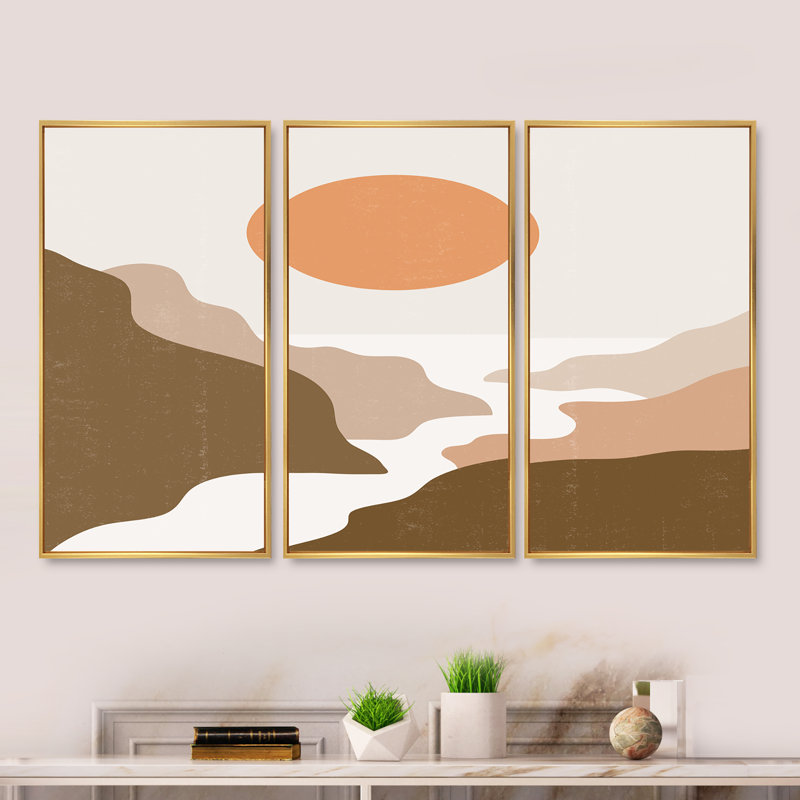 «Lanscape with Full Moon in Terracotta Tones», reproduction de cadre flottant sur toile 3 pièces, Cadre doré