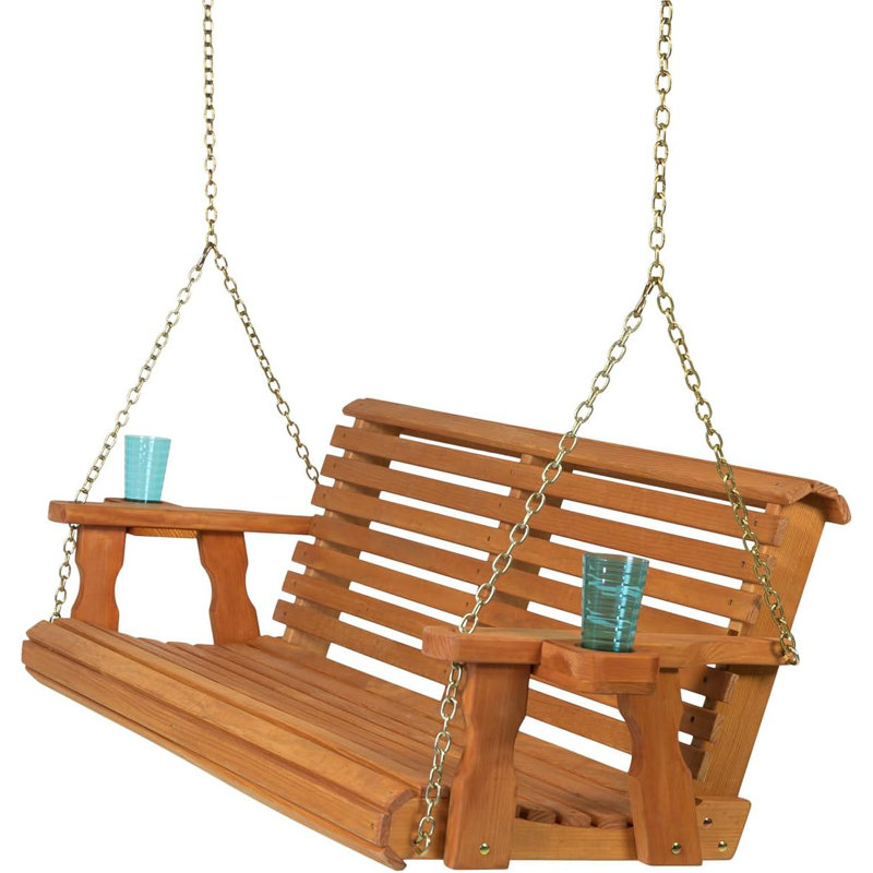 Balancelle de véranda en bois robuste de 5 pieds avec porte-gobelets en teinture de cèdre - Amish fabriquée aux États-Unis à partir de pin traité, balançoire de banc suspendue pour l'extérieur avec 700 lb. Capacité de poids
