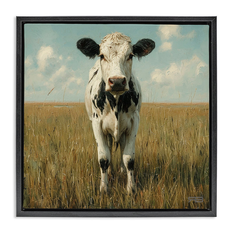 «Cow in Verdant Field», art mural sur toile flottante noire par Roozbeh Bahramali, Cadre flottant noir de jais