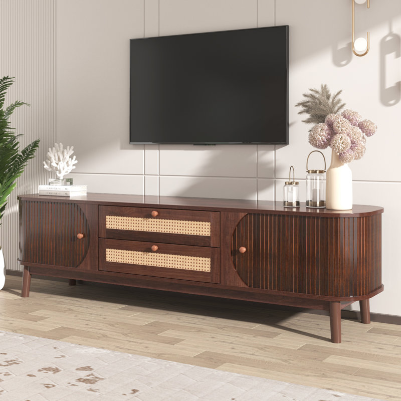 Meuble télé 75 po en rotin - console multimédia moderne avec pieds en bois massif et gestion des câbles
