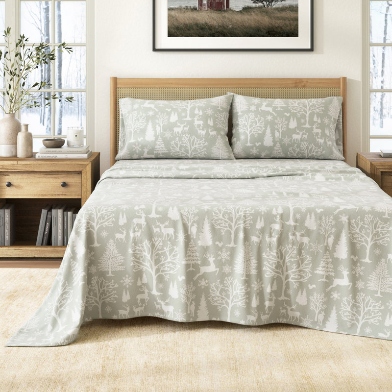 Ensemble de draps de Noël 100% flanelle de coton turc, Bleu bois enchantés, Simple avec 1 taie d'oreiller