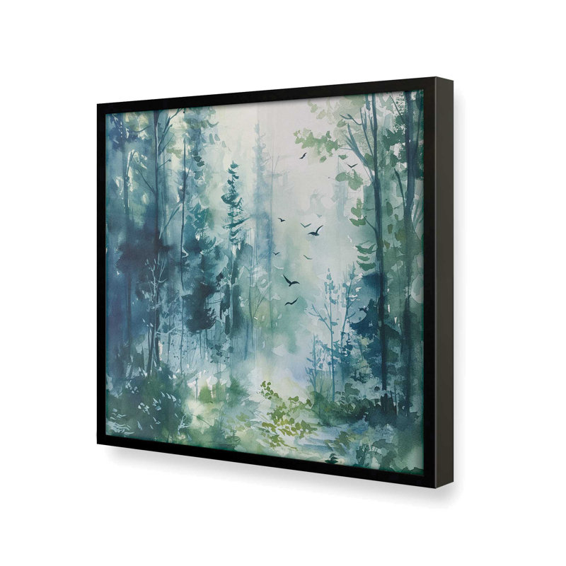 Bleu et vert forêt enchantée I, Cadre noir satiné, H 13,5 po x l 13,5 po