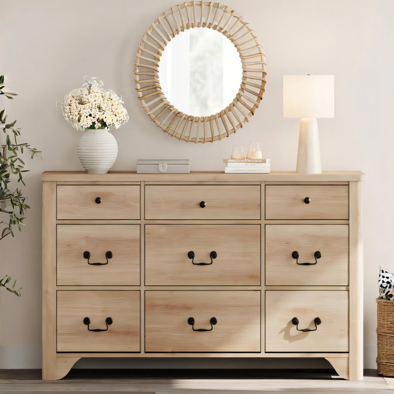 Commode Haikey pour la chambre à coucher avec 9 tiroirs, commode large moderne, Chêne