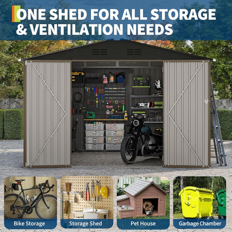 10 ft. W x 10 ft. D Outdoor Metal Storage Shed with Sloping Roof & Double Door, Brown, Brown