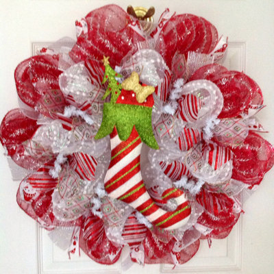 Christmas Wreath with Metal Elf Stocking
