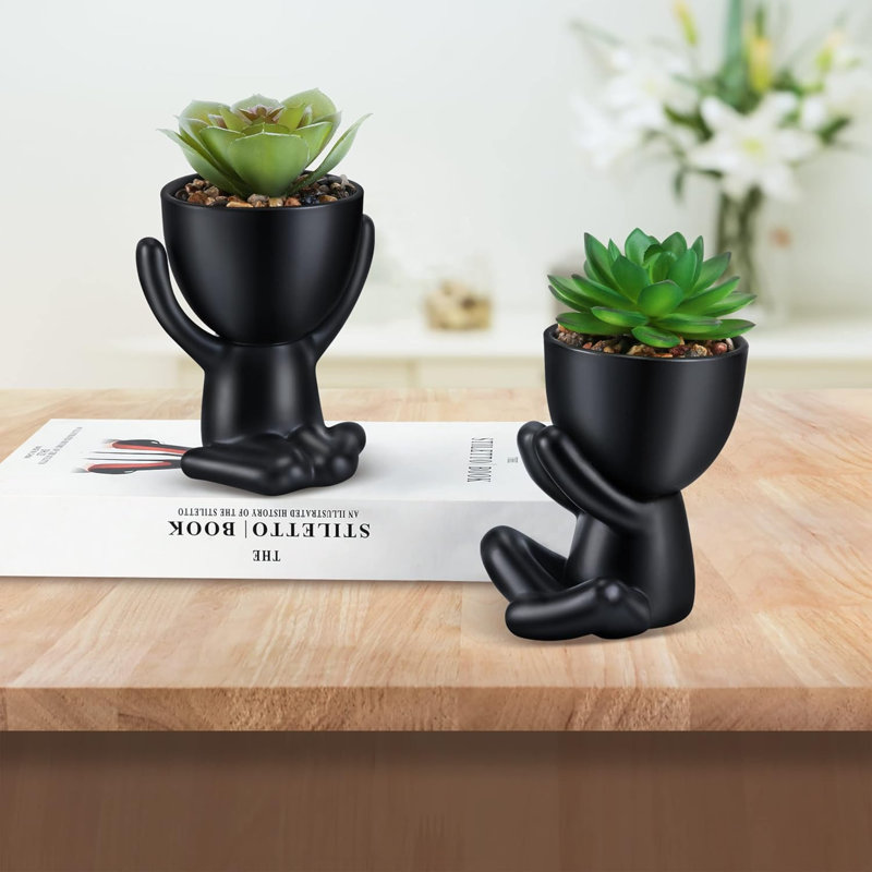 Fausse plante grasse, mini plantes grasses artificielles en noir en forme d'homme moderne en céramique Pots de bureau, plante de bureau pour la décoration de bureau pour les femmes