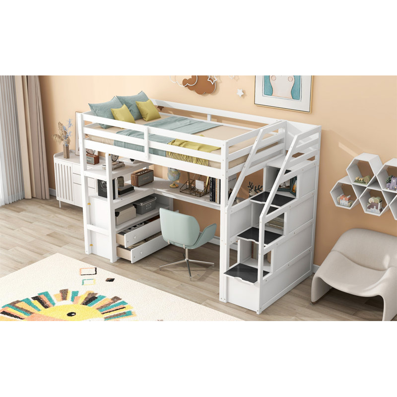 Lit mezzanine avec bureau et tablettes, Simple, Blanc