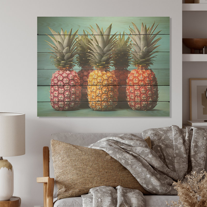 Sweet Pinapple Juicy Delight I - Pineapples Wood Art On Natural Pine Wood, 24" H x 32" W