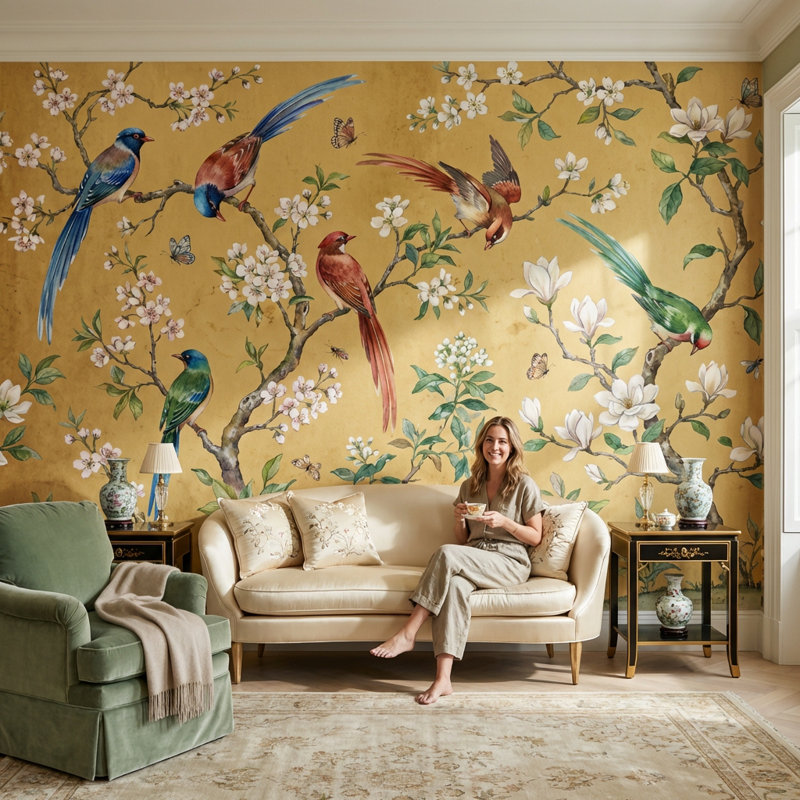 Papier peint floral avec oiseaux, 100 po x 96 po, Non tissé non collé