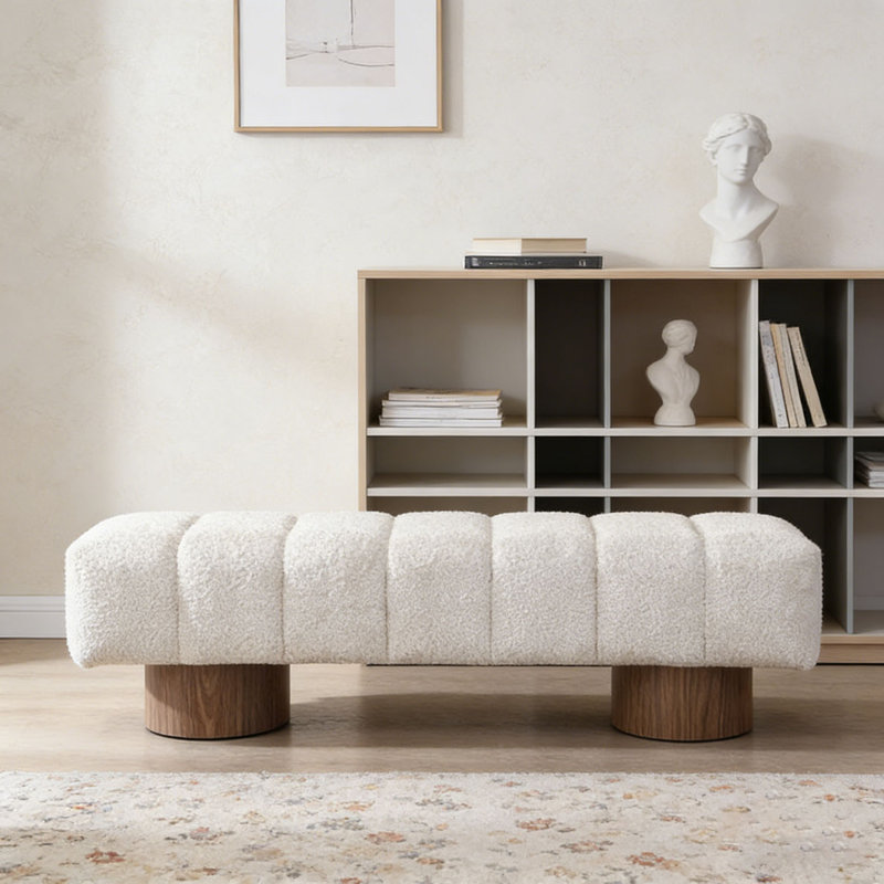 Banc de salle à manger rembourré, L 64 po, Fausse fourrure beige