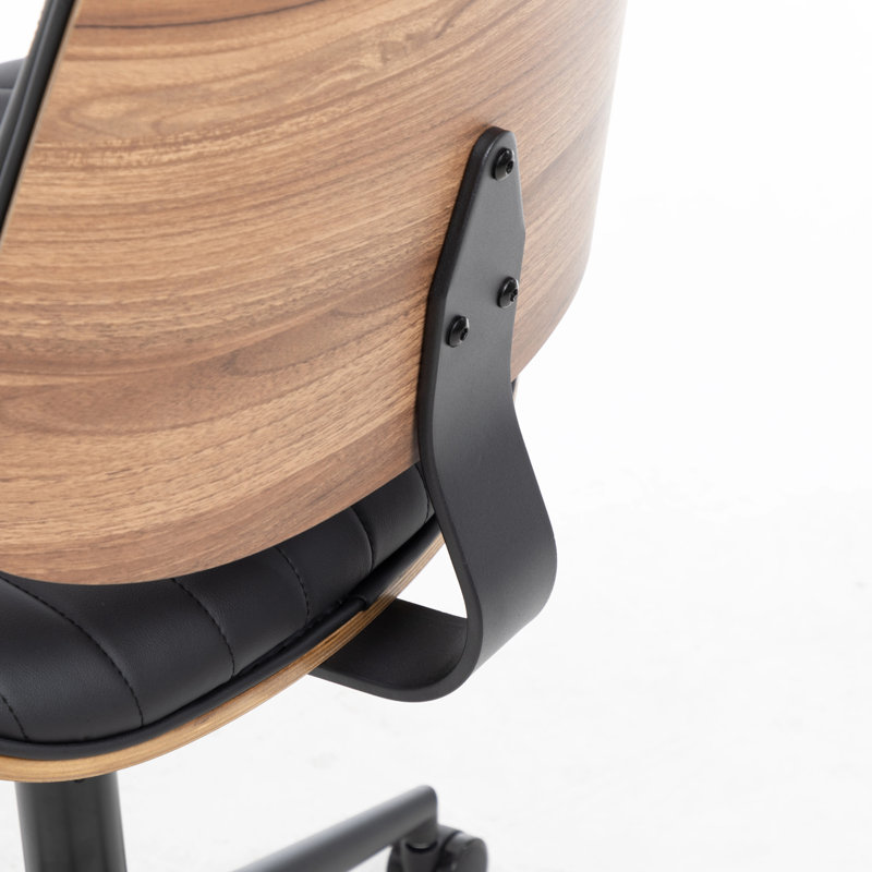 Armless Walnut Bentwood & Faux Leather Swivel Office Chair with Adjustable Height and Recline, Black