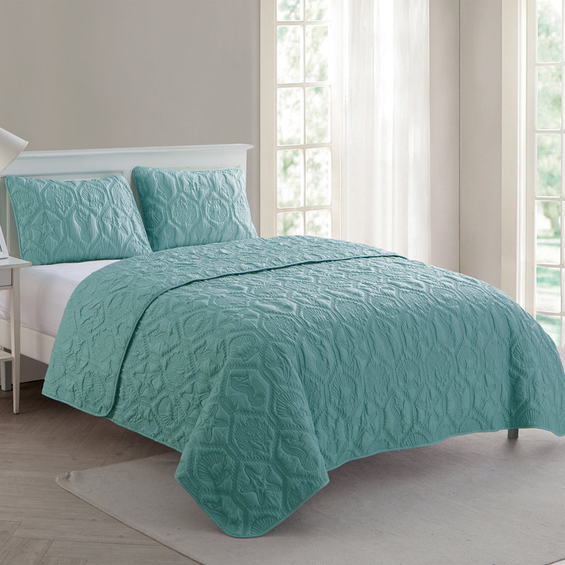 Shore 3-Piece Embossed Quilt Set, Aqua Blue, Queen Quilt + 2 Standard Shams