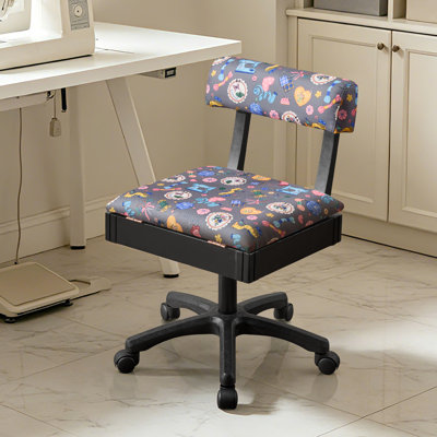 Adjustable Height Sewing Chair Rolling Swivel Craft Stool with Backrest, Linen Upholstered Workshop Chair for Sewing Room Craft Studio Home Office
