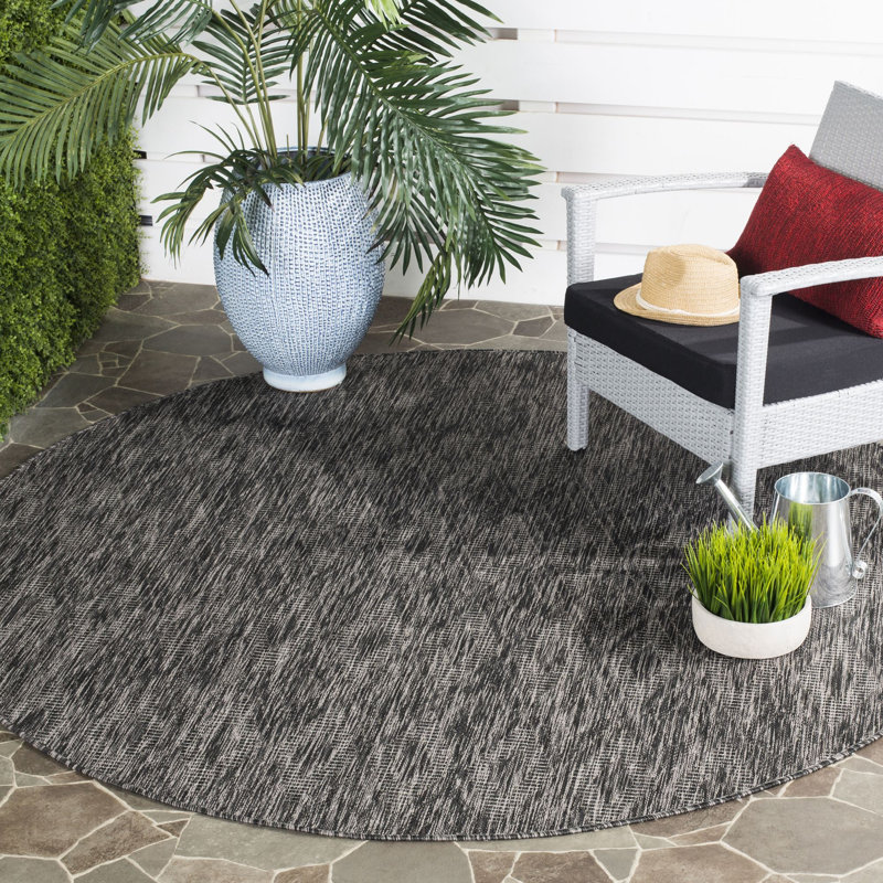 Ajacia Geometric Black Indoor/Outdoor Area Rug, Round 4'