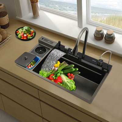 Évier de cuisine en acier inoxydable à cuve simple avec planche à découper, robinet escamotable, bac à déchets, laveuse à tasses, distributeur de savon