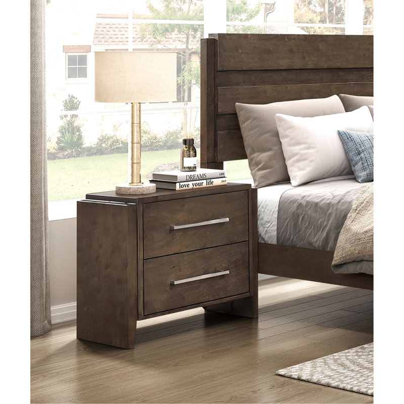 Table de chevet transitionnelle en noyer foncé à deux tiroirs en bois d'hévéa massif, profondeur de 26 po, largeur de 15,5 po, aucune table de chevet à finition assemblée requise pour la chambre à coucher, dimensions de 24,5 po