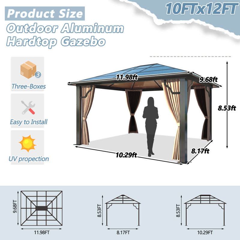 Aluminum Patio Gazebo with Curtains and Netting, 12 ft. W x 10 ft. D