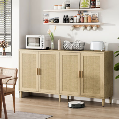 70" Sideboard With Adjustable Shelves, High - Quality Solid Wood And , Suitable For Office Decor Natural 4 Door Strong Load Bearing, Easy To Install