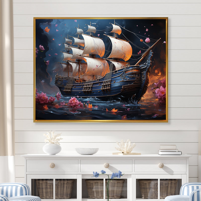 Pirate Ship Nightly Voyage III - Art mural pirate, Cadre flottant doré, H 24 po x l 32 po x P 1 po