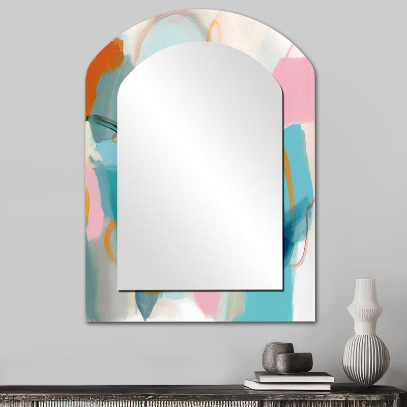 Pink Blue Minimalims Fludity V - Minimalism Asymmetrical Mirror, Pink Arch Decorative Wall Mirror, Printed Metal Art