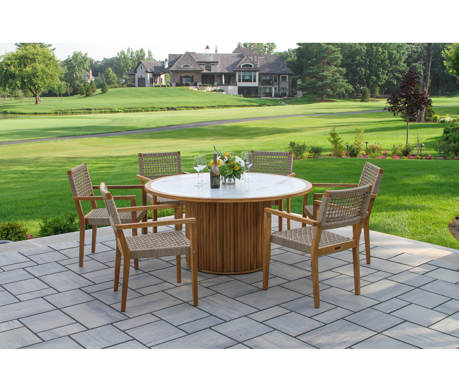 Cava 60" Teak Patio Dining Set, White/Natural, Ivory