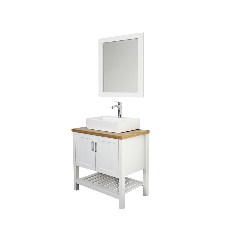 Meuble-lavabo 32 po avec lavabo, meuble-lavabo simple avec portes et tablette ouverte, petit meuble-lavabo en bois massif avec lavabo, blanc + naturel