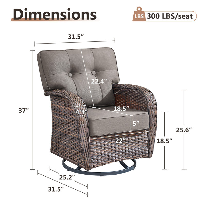 Chaises pivotantes en osier toutes saisons avec coussins en T Agnes (ensemble de 4), Gris