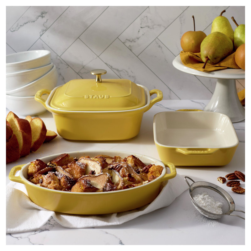Staub Ceramic 4-Pc Baking Pans Set, Casserole Dish With Lid, Brownie Pan, Citron, Citron