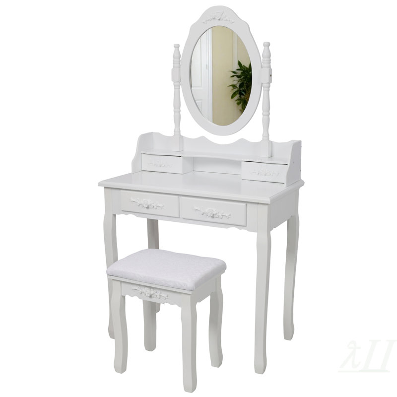 Ensemble de coiffeuse avec miroir et tabouret coussiné White Princess, Blanc