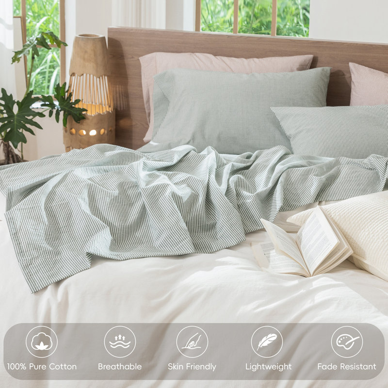 MooMee Striped Sheet Set 100% Washed Cotton Linen Like Textured Breathable Lightweight, Queen Sheet Set with 2 Pillowcases