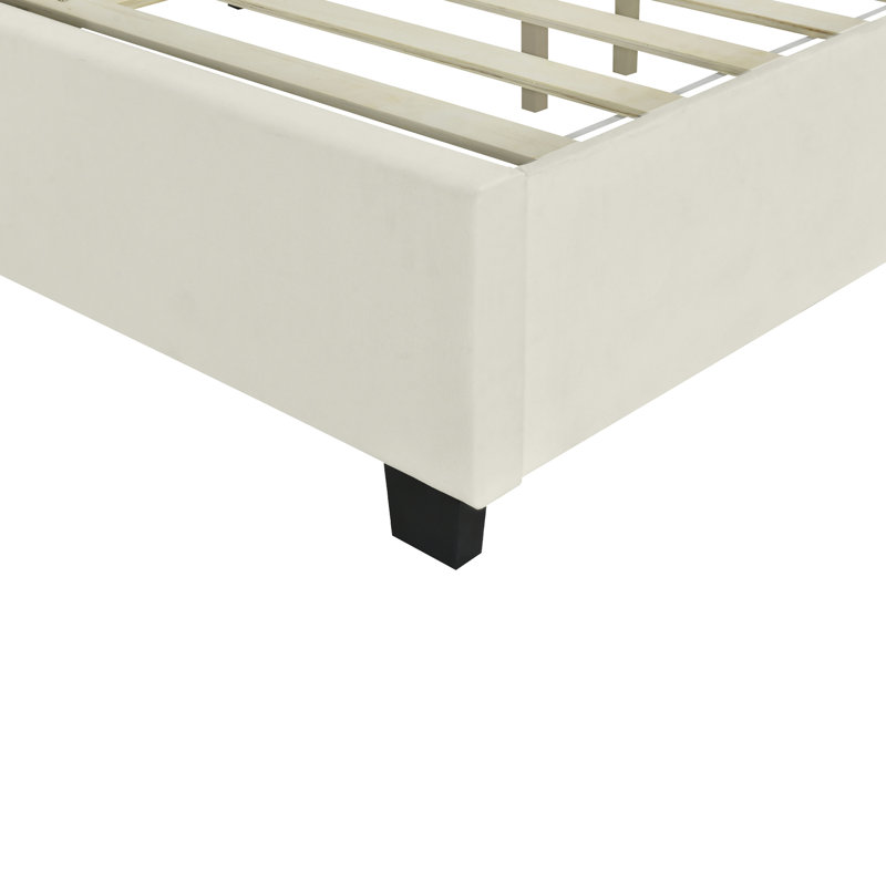Lit pour grand lit avec revêtement beige et tablettes intégrées en velours pour la tête de lit, Beige