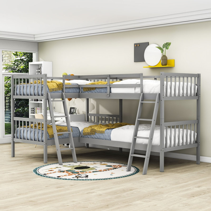 Twin Over Twin L-Shaped Bunk Beds with 2 Ladders, Grey
