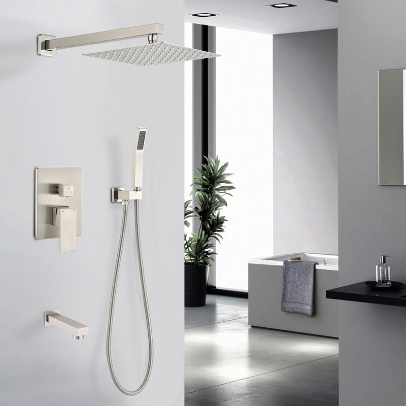 Douche en nickel brossé avec pomme de pluie de 10 po, pomme de douche à main, haute performance, trousse d'entretien facile, débit d'eau réglable de 10 po, matériau
