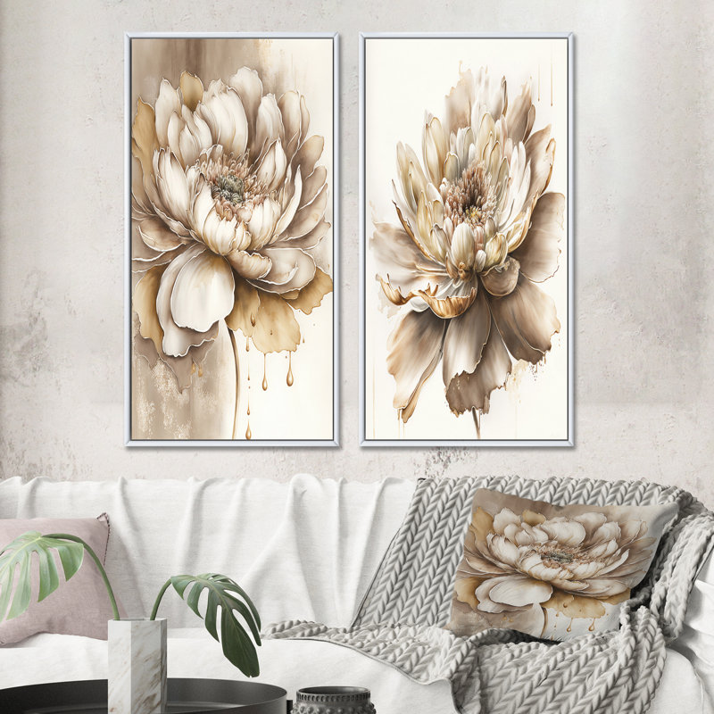 «Indigold Beige Flower II», 2 pièces sur toile, Cadre blanc, H 20 po x l 24 po