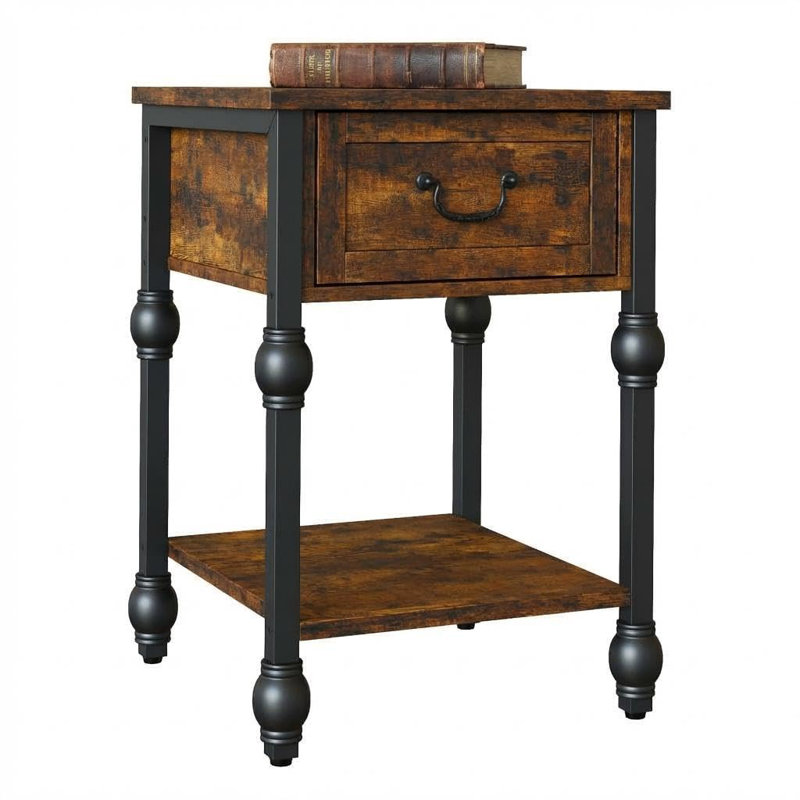 Table de chevet industrielle avec tiroir et tablette, table de bout peu encombrante avec structure en métal et plateau en bois rétro pour le salon de la chambre à coucher