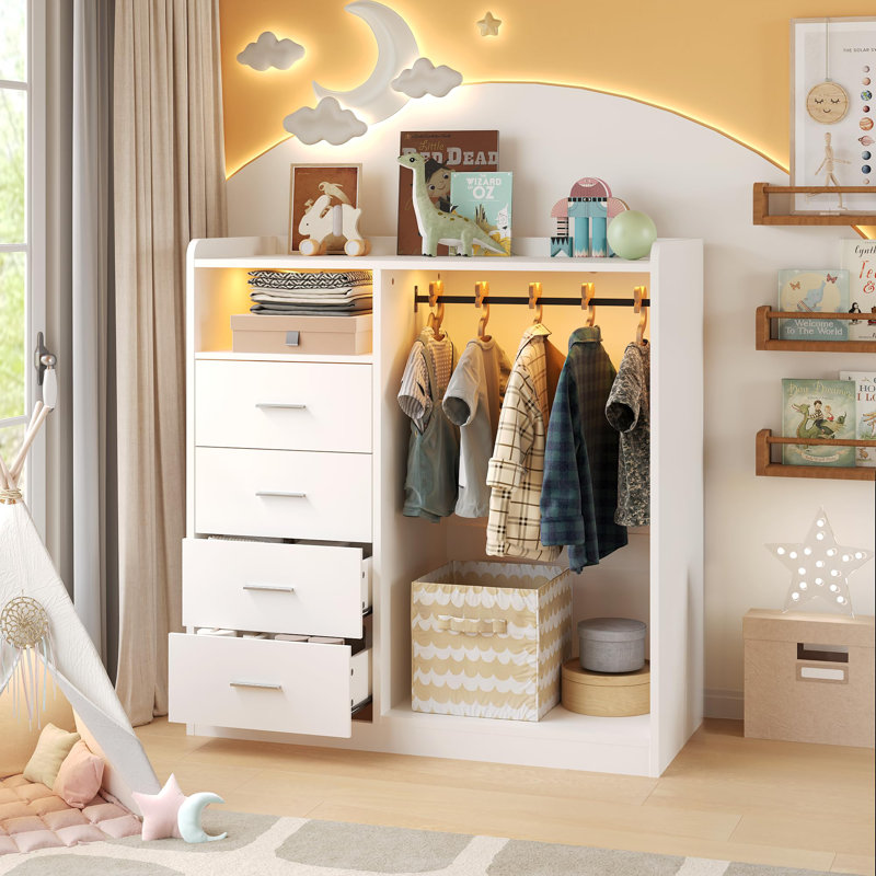 Organisateur de garde-robe blanc à 4 tiroirs avec lumières DEL et station de charge - grand placard suspendu avec tablettes ouvertes, armoire de rangement moderne pour chambre à coucher