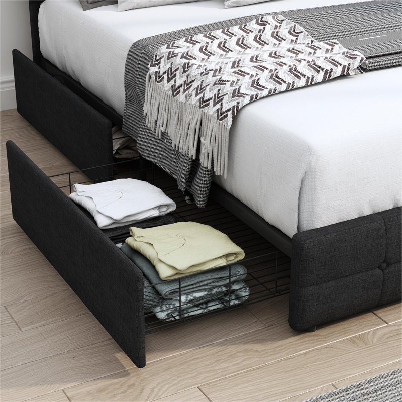 Ensemble de chambre à coucher 3 pièces, lit tapissier en polyuréthane avec 4 tiroirs, 2 tables de chevet avec tiroir et tablette, lit plateforme avec rangement en similicuir blanc, tables d'appoint polyvalentes