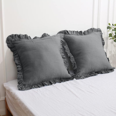 100% Linen Euro Sham Covers With Ruffle, 2Pcs Pillow Covers 26X26 Inches