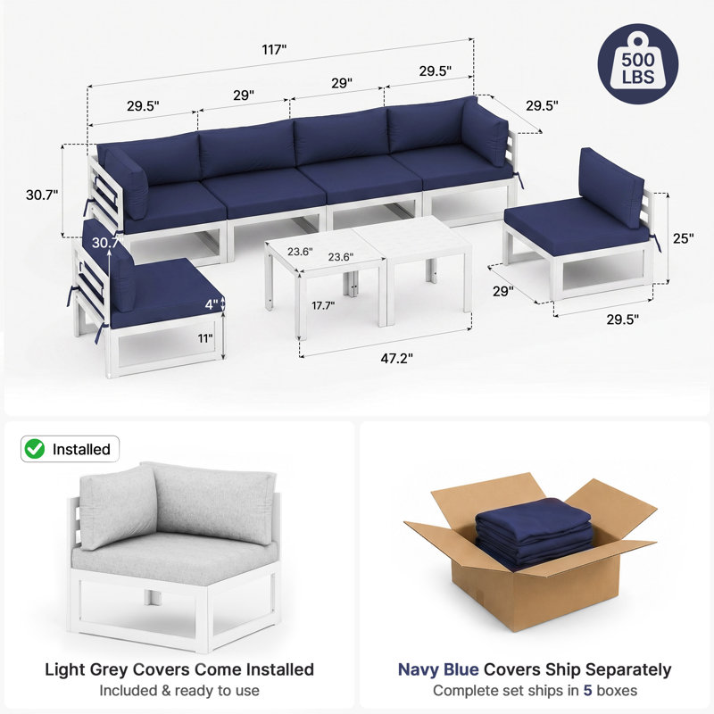 Gilemette 8-Piece Modern Aluminum Outdoor Sectional Seating Group with Cushions & Coffee Table, Rust-Resistant Patio Conversation Set