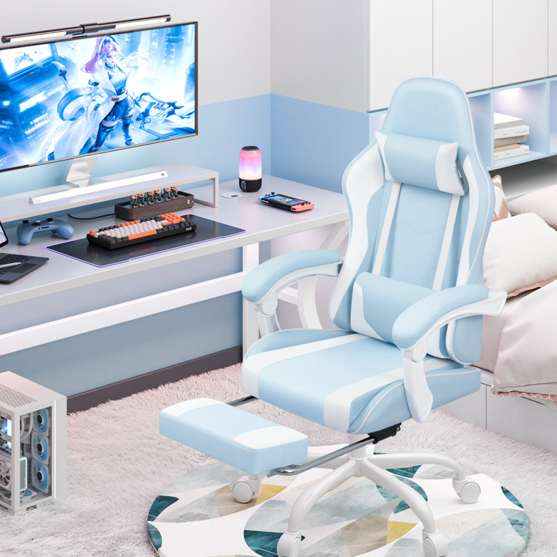 Adjustable Video Gaming Chair with Massage Swiveling PC & Racing Game Chair with Footrest, Sky Blue/White