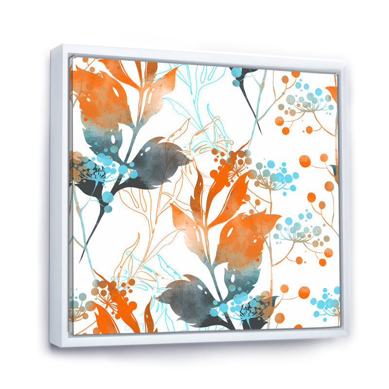 Boho orange et feuilles bleues - reproduction d'art sur toile traditionnelle, H 36 po x l 36 po x P 1,5 po