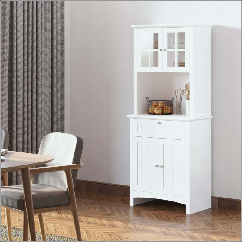 Élégant buffet avec huche, armoire de rangement pour garde-manger avec porte en verre encadrée et espace pour micro-ondes